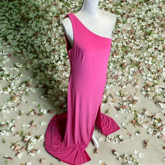 NWT IEENA for Mac Duggal ‘Jersey One Shoulder Draped Back Gown’ in Candy Pink 10 - Picture 13 of 16